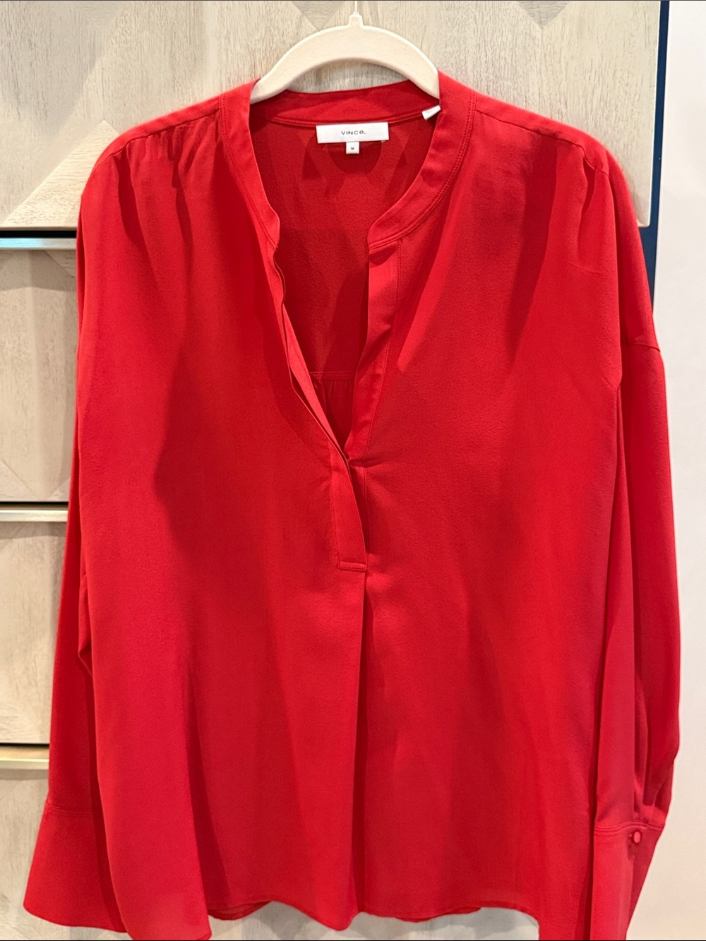 Vince Silk Rust Split V-Neck Long-Sleeve Blouse